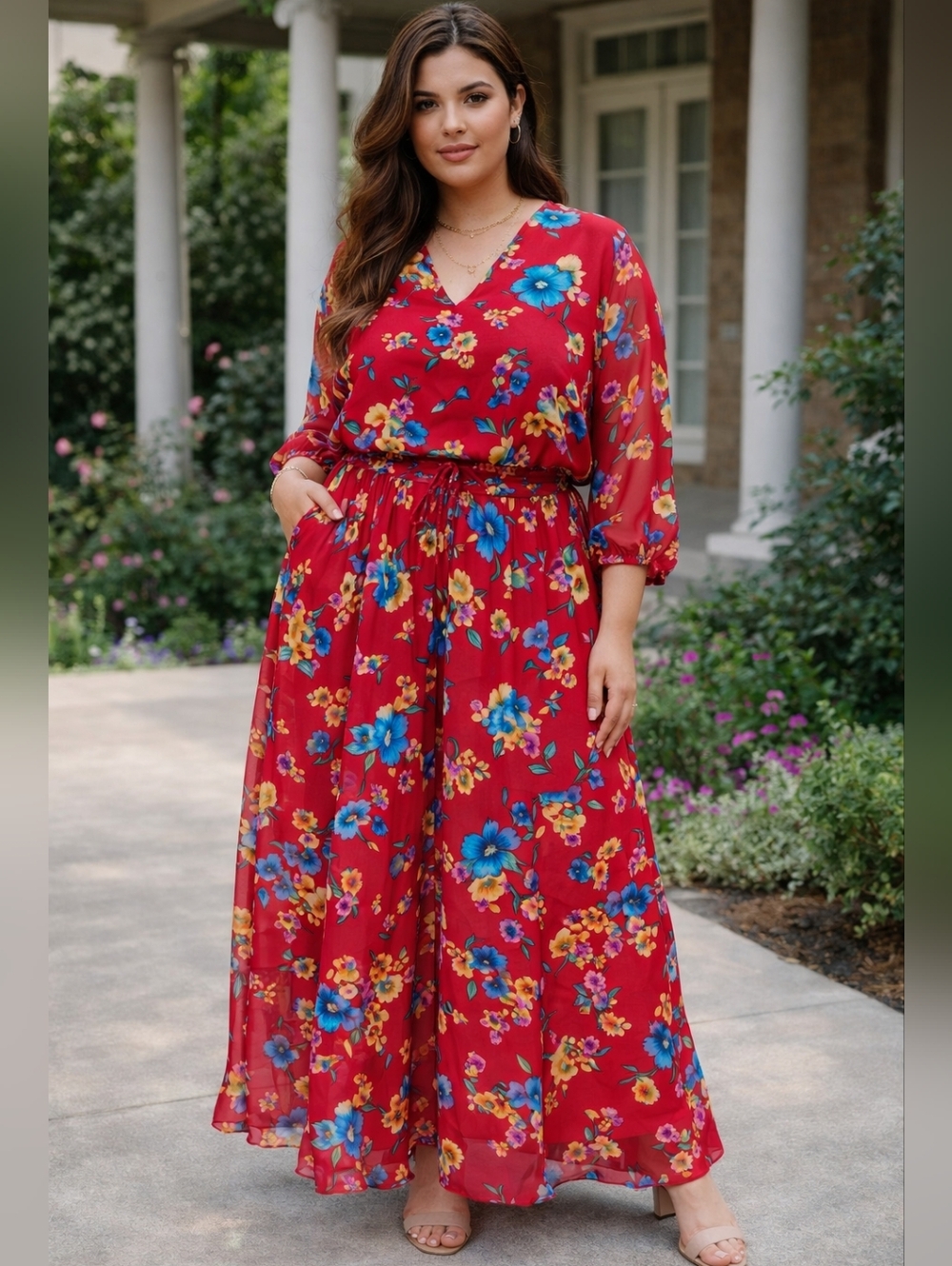 Vintage Diane Freis Silk Red Blouse & Skirt Set Boho Floral Sheer Sleeves Size L